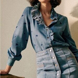 Sezane Chlo Shirt Embroidered Blue